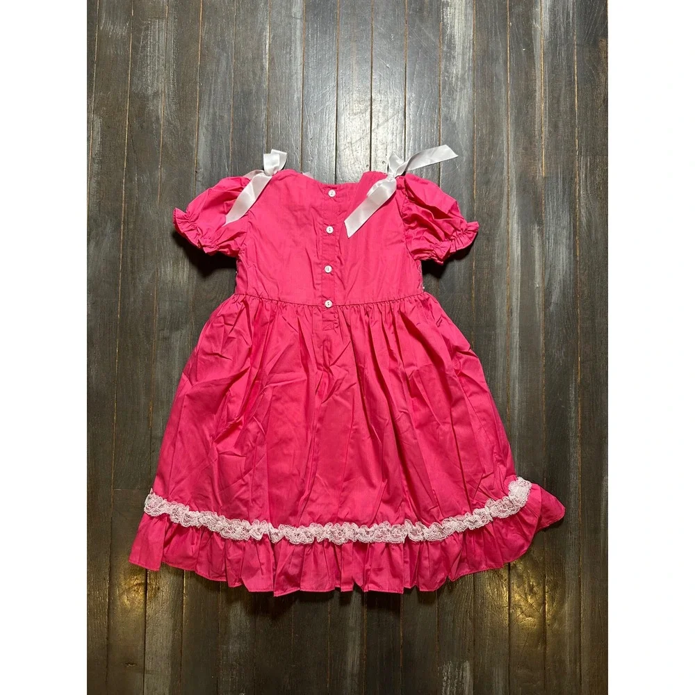 Carter's Closet Girls Hot Pink Smocked Bow Dress Lace Trim